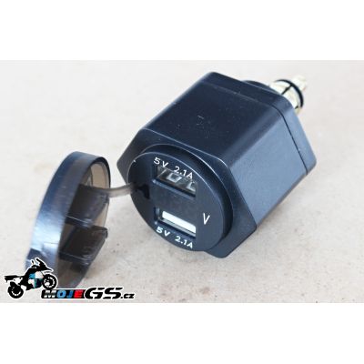 Adapter z 12V na 2xUSB do mini zásuvky (2100mA) s ukazatelem napětí baterie