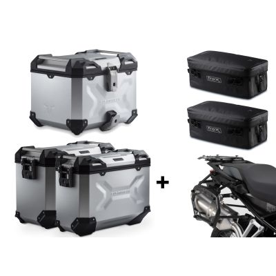 3x ALU kufry SW-Motech Trax Adventure + tašky + nosiče pro F850GS, F750GS, stříbrné